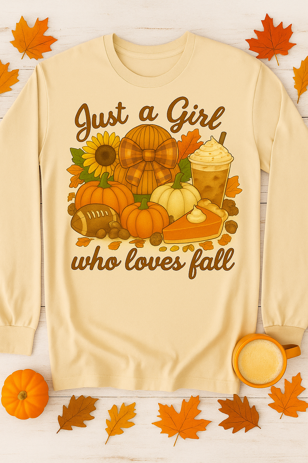 Long sleeve beige sweatshirt with autumn-themed design and text 'Just a Girl who loves fall'