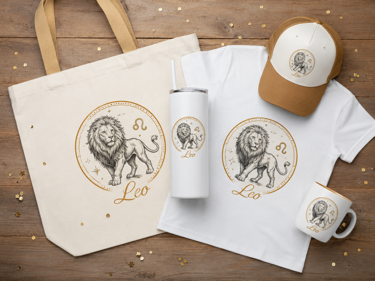 Lion Leo zodiac-themed merchandise laid flat on a wooden surface: a cream tote bag, white T-shirt, insulated tumbler, tan-and-white trucker cap, and white mug with tan trim, each featuring a circular lion illustration with “Leo” and the Libra symbol.