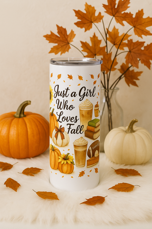 Tumbler with autumn design featuring pumpkins and leaves on a neutral background, with text 'Just a Girl who loves fall'
