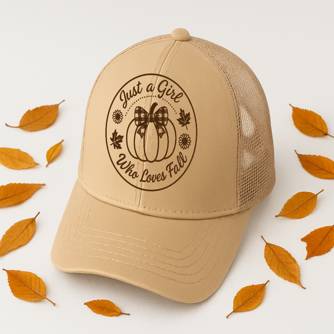 Beige cap with 'Just a Girl Who Loves Fall' design.
