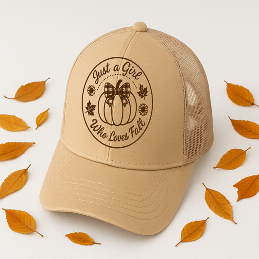 Beige cap with 'Just a Girl Who Loves Fall' design.