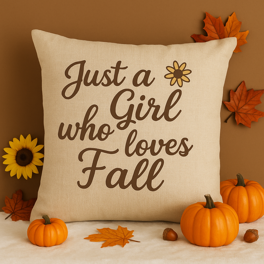 Decorative pillow with 'Just a Girl who loves Fall' text, surrounded by pumpkins and leaves on a brown background.