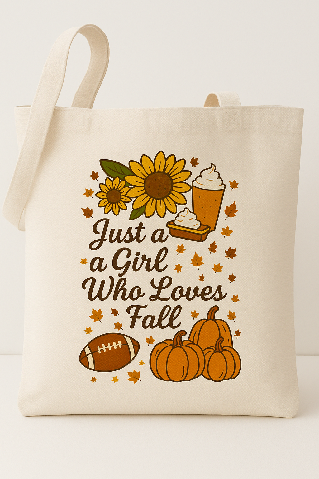 Fall tote bag with autumn-themed design and text 'Just a Girl Who Loves Fall'.