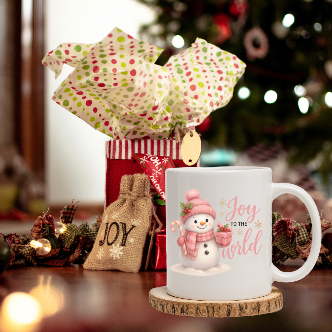 Joy to the World Pink Snowman Mug