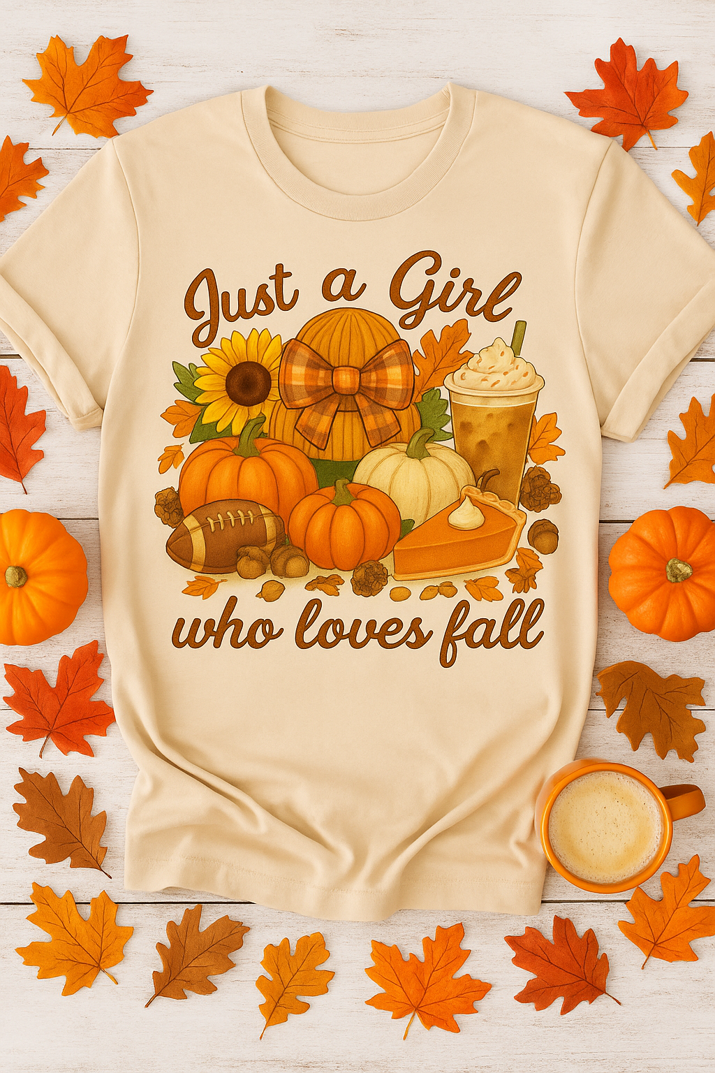 Short sleeve beige t-shirt with fall-themed design and text 'Just A Girl Who Loves Fall'. 
