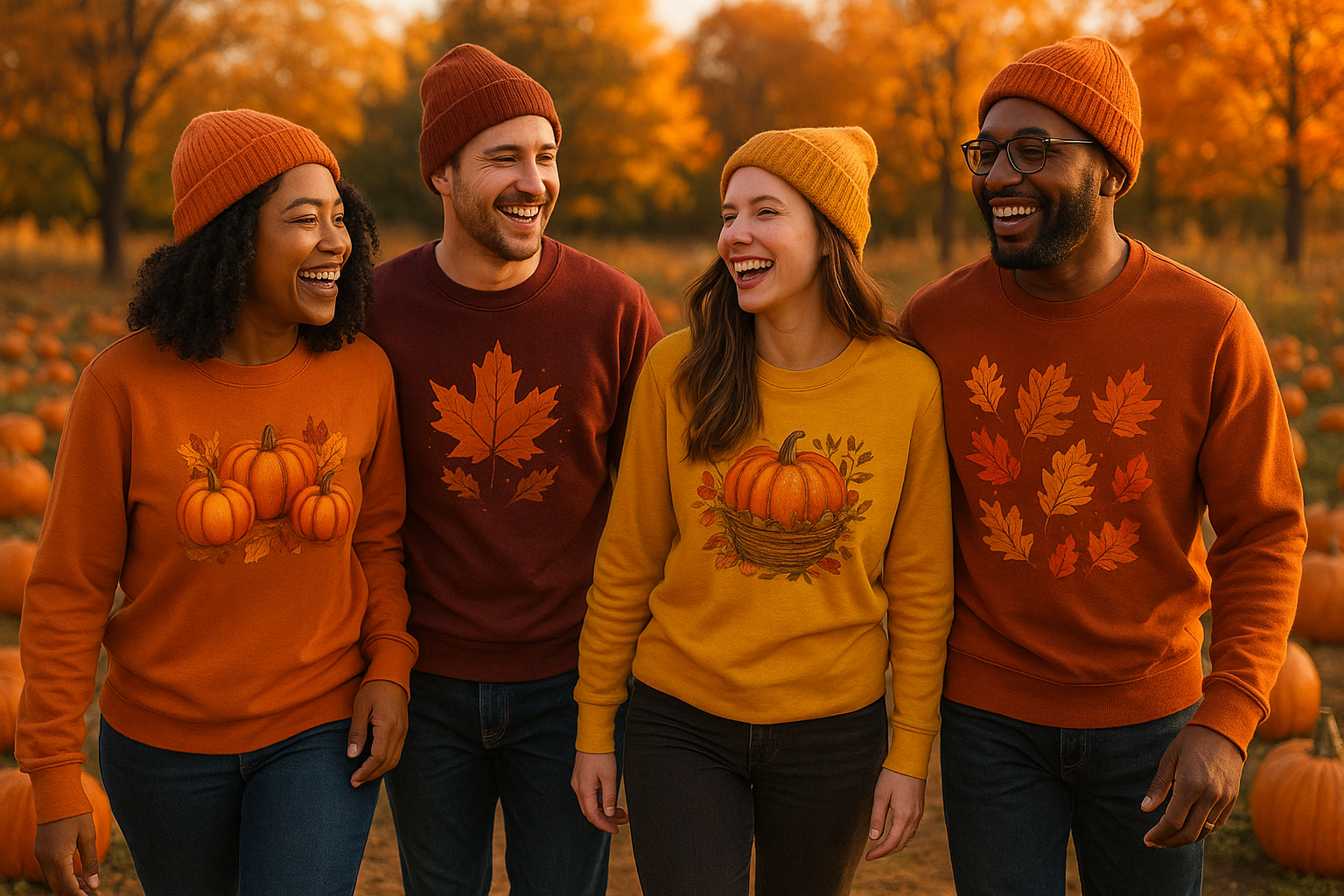 a warm, cozy fall scene, with a few mixed ethnicities, male and female, walking through a pumpkin patch, dressed in long sleeve fall colored shirts and hats. The shirts and hats have fall scene graphics on them. The people are laughing/smiling and having a good time