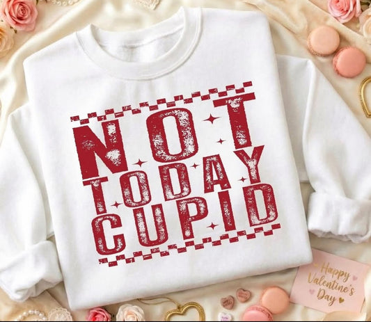 White Valentine sweatshirt with bold red distressed text reading Not Today Cupid in a funny anti-Valentine style.